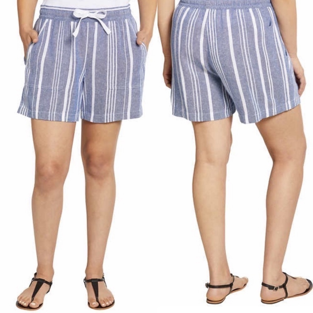 Nautica Soft Linen Pull On With Pockets Light Blue White Stripe Short Size Large - Picture 17 of 17